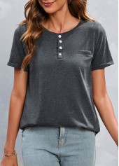 Dark Grey Marl tops,Plain Color tops,Button Dark Grey Marl Round Neck T Shirt