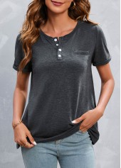 Dark Grey Marl tops,Plain Color tops,Button Dark Grey Marl Round Neck T Shirt
