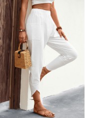 White bottoms,Plain Color bottoms,Patchwork White Jogger Elastic Waist High Waisted Pants