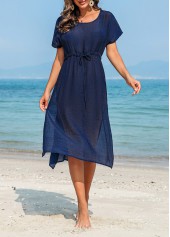 Navy swimwear,Plain Color swimwear,Drawstring Side Slit Navy Cover Up Dress