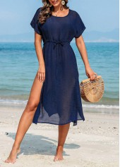 Navy swimwear,Plain Color swimwear,Drawstring Side Slit Navy Cover Up Dress