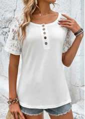 White tops,Plain Color tops,Button White Round Neck Short Sleeve T Shirt