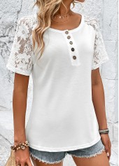 White tops,Plain Color tops,Button White Round Neck Short Sleeve T Shirt