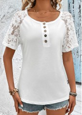 White tops,Plain Color tops,Button White Round Neck Short Sleeve T Shirt