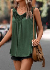 Green tops,Plain Color tops,Lace Green Scoop Neck Tank Top