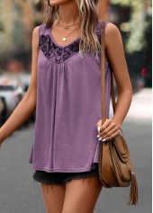 Light Purple tops,Plain Color tops,Lace Light Purple Scoop Neck Tank Top