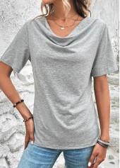 Light Grey Marl tops,Plain Color tops,Light Grey Marl Draped Neck T Shirt