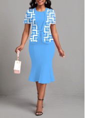ROTITA Patchwork Geometric Print Light Blue Bodycon Dress