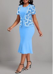 Light Blue dresses,Geometric dresses,ROTITA Patchwork Geometric Print Light Blue Bodycon Dress