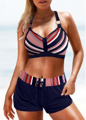 Navy swimwear,Striped swimwear,Geometric swimwear,ROTITA Criss Cross Navy Striped Bikini Top
