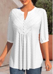 White tops,Plain Color tops,ROTITA Lace White Split Neck 3/4 Sleeve Blouse