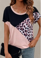 Light Pink tops,Black tops,Leopard tops,Animal Print tops,Leopard Light Pink Round Neck T Shirt