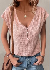 Dusty Pink tops,Plain Color tops,Button Dusty Pink V Neck T Shirt