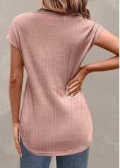 Dusty Pink tops,Plain Color tops,Button Dusty Pink V Neck T Shirt