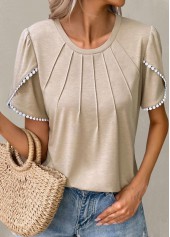 Light Camel tops,Plain Color tops,Patchwork Light Camel Round Neck T Shirt