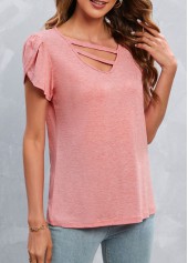 Pink tops,Plain Color tops,Cut Out Pink V Neck T Shirt