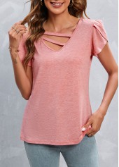 Pink tops,Plain Color tops,Cut Out Pink V Neck T Shirt