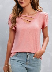 Pink tops,Plain Color tops,Cut Out Pink V Neck T Shirt