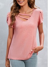 Cut Out Pink V Neck T Shirt