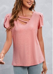 Pink tops,Plain Color tops,Cut Out Pink V Neck T Shirt