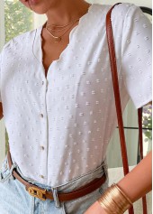 White tops,Plain Color tops,Button White V Neck Short Sleeve T Shirt