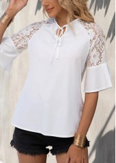 White tops,Plain Color tops,Patchwork White Round Neck Half Sleeve T Shirt