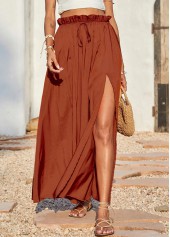 Brick Red bottoms,Plain Color bottoms,Split Brick Red Maxi Elastic Waist Skirt