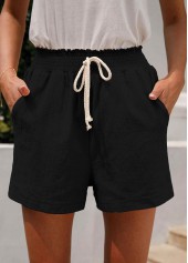 Black bottoms,Plain Color bottoms,Pocket Black Regular Elastic Waist High Waisted Shorts
