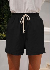 Black bottoms,Plain Color bottoms,Pocket Black Regular Elastic Waist High Waisted Shorts