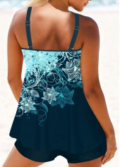 Peacock Blue swimwear,Floral swimwear,ROTITA Circular Ring Peacock Blue Floral Print Tankini Top