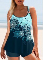 Peacock Blue swimwear,Floral swimwear,ROTITA Circular Ring Peacock Blue Floral Print Tankini Top