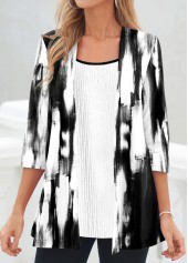 Black tops,White tops,Contrast Color tops,Tie Dye tops,ROTITA Fake 2in1 Black Tie Dye Print T Shirt