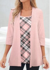 Pink tops,Plaid tops,Striped tops,Geometric tops,ROTITA Fake 2in1 Plaid Pink Cardigan  and Tank Top