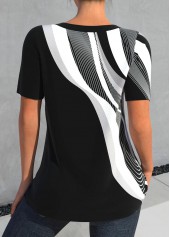 Black tops,Geometric tops,Striped tops,ROTITA Button Geometric Print Black Split Neck Short Sleeve Blouse