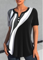 Black tops,Geometric tops,Striped tops,ROTITA Button Geometric Print Black Split Neck Short Sleeve Blouse