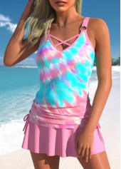 Pink swimwear,Tie Dye swimwear,ROTITA Drawstring Pink Tie Dye Print Tankini Top