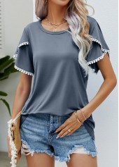 Grey tops,Plain Color tops,Patchwork Grey Round Neck Short Sleeve T Shirt