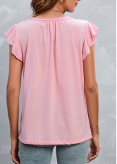 Light Pink tops,Plain Color tops,Ruffle Light Pink Split Neck T Shirt