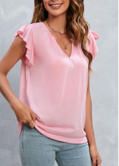 Light Pink tops,Plain Color tops,Ruffle Light Pink Split Neck T Shirt