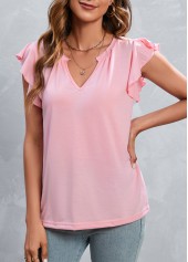 Light Pink tops,Plain Color tops,Ruffle Light Pink Split Neck T Shirt