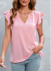 Light Pink tops,Plain Color tops,Ruffle Light Pink Split Neck T Shirt