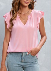 Light Pink tops,Plain Color tops,Ruffle Light Pink Split Neck T Shirt