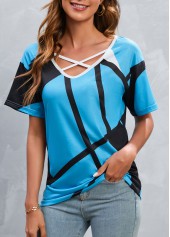 Sky Blue tops,Geometric tops,Striped tops,Criss Cross Geometric Print Sky Blue T Shirt