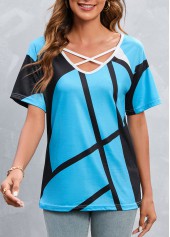 Criss Cross Geometric Print Sky Blue T Shirt