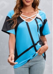 Sky Blue tops,Geometric tops,Striped tops,Criss Cross Geometric Print Sky Blue T Shirt