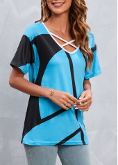 Sky Blue tops,Geometric tops,Striped tops,Criss Cross Geometric Print Sky Blue T Shirt