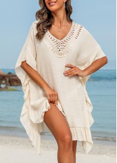 Beige swimwear,Plain Color swimwear,Tie Back Ruffle Patchwork Beige Cover Up
