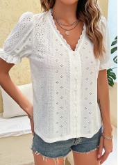 Patchwork White V Neck Short Sleeve T Shirt