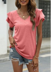 Patchwork Layered Pink V Neck T Shirt
