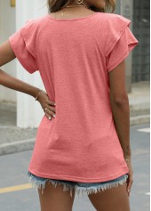 Pink tops,Plain Color tops,Patchwork Layered Pink V Neck T Shirt